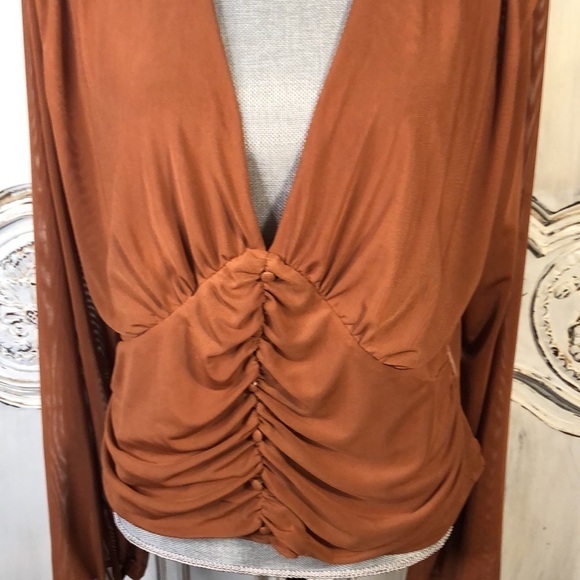 Talent Sexy Sheer Netting Long Sleeve Deep V Neck Empire Styling Camisole Top - Picture 5 of 13